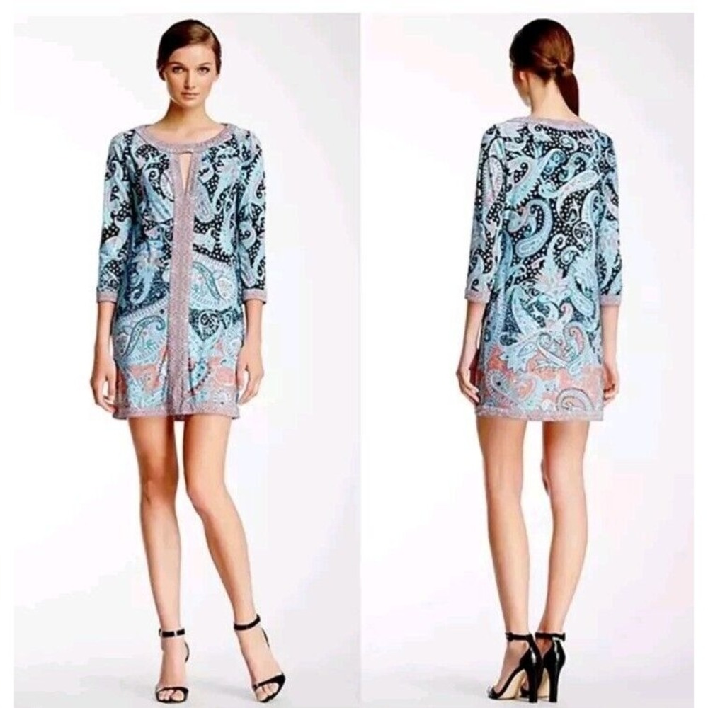 BCBG Maxazria AVILA Women Paisley Mini Shift Dress Tunic Turquoise Cutout Neck M